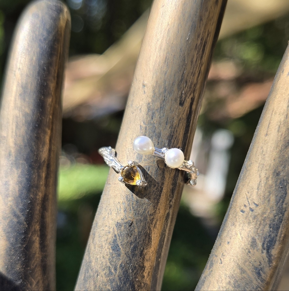 Chic Sterling Ring with Natural Pearl & Tourmaline Gemstine Accents Sz7 - Picture 2 of 8